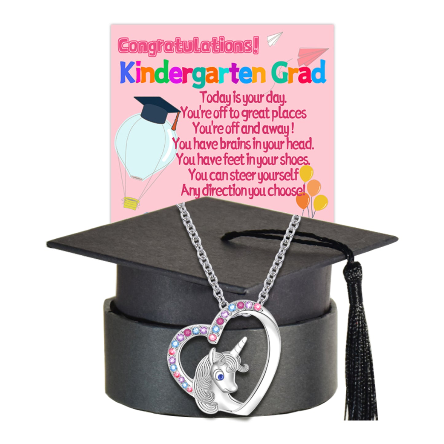 Graduation Gifts for Kindergarten Preschool Prek Pre-k, Unicorn Colorful Crystal Necklace Graduates Cap Box Congratulations for Little Girls Kids School Congrats Gifts